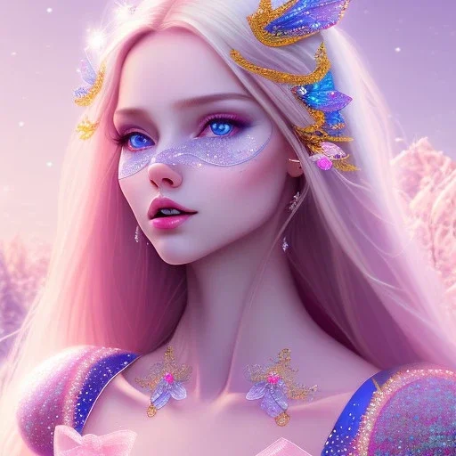  beautiful, soft, whide smile face,whole head,see full head, long blonde straight hair, blue eyes, fairy wings on the back, transparent crystal blue and pink clothes, background blue and pink, big definition, 8K