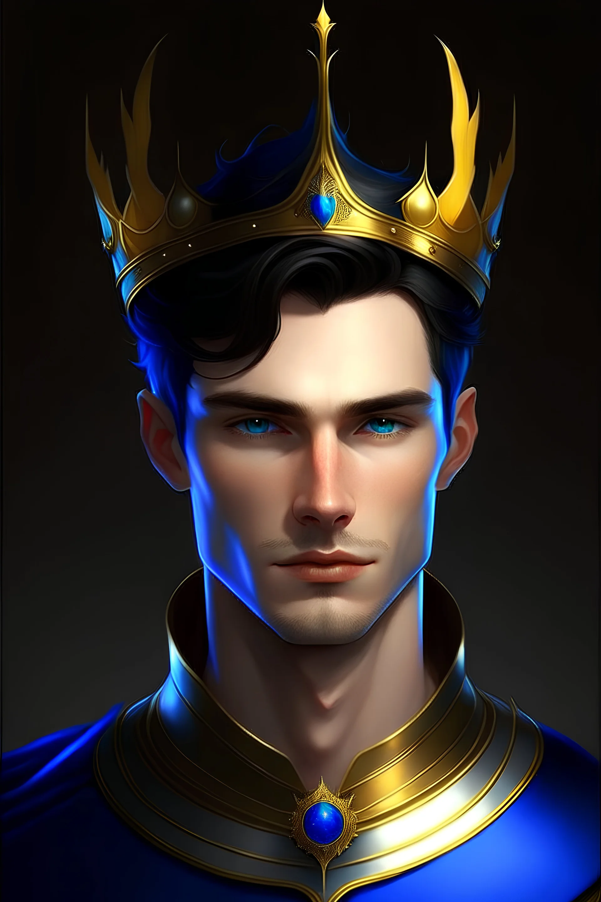 Handsome man with black hair and blue eyes, wearing a golden crown, pointed ears