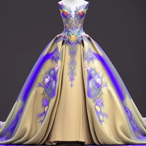 stunning couture gown designed by Marchesa inspired by fairytales, realistic epic fantasy colors, detailed, high quality, intricate, fantasyland background,