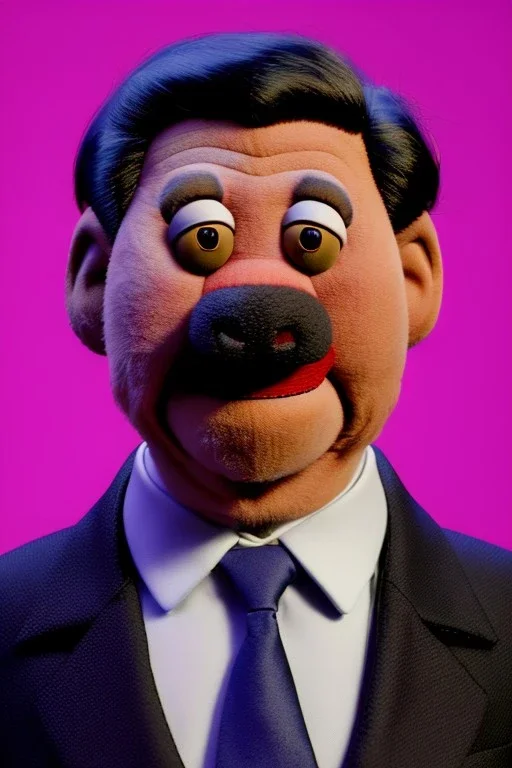 Waist up muppet Portrait, Xi Jinping as muppet doll, black suit and red tie, photo studio, blue background, unreal engine 5, concept art, art station, god lights, ray tracing, RTX, lumen lighting, ultra detail, volumetric lighting, 3d.