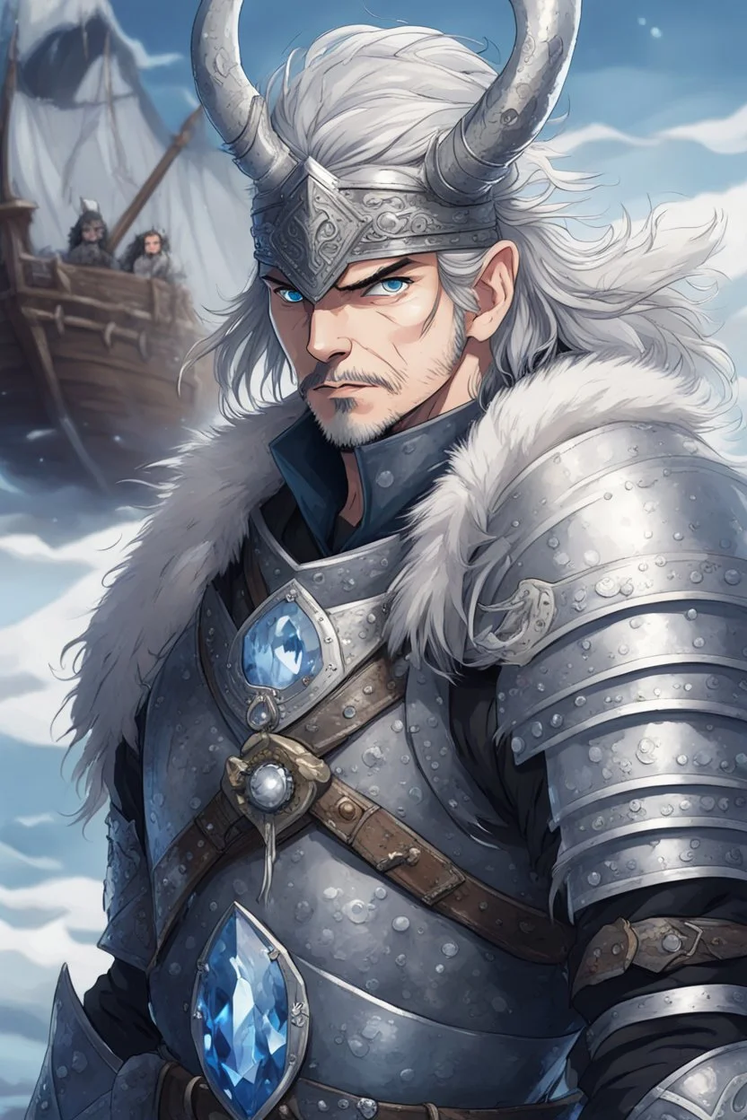 in anime style,1older man, a older man with blue eyes and black hair man in silver Viking armor with fur around the neck with blue crystal on his chest holding an axe in his hands standing on a pirate ship in the artic, warrior in anime style,