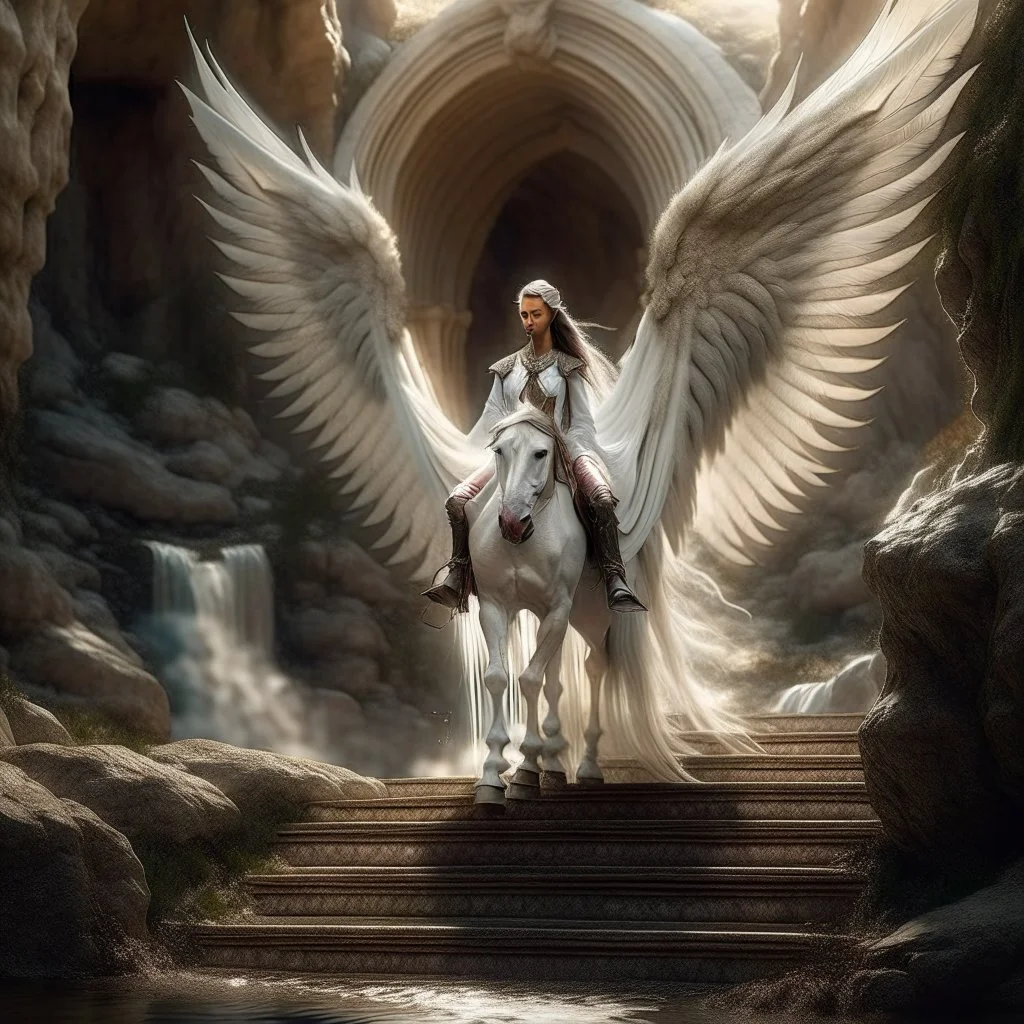 portrait of a white fantastic flying winged horsed/pegasi with cute female elf rider in front of a staircase into a portal to the desert in the middle of a waterfall, photo-realistic, shot on Hasselblad h6d-400c, zeiss prime lens, bokeh like f/0.8, tilt-shift lens 8k, high detail, smooth render, down-light, unreal engine, downlight