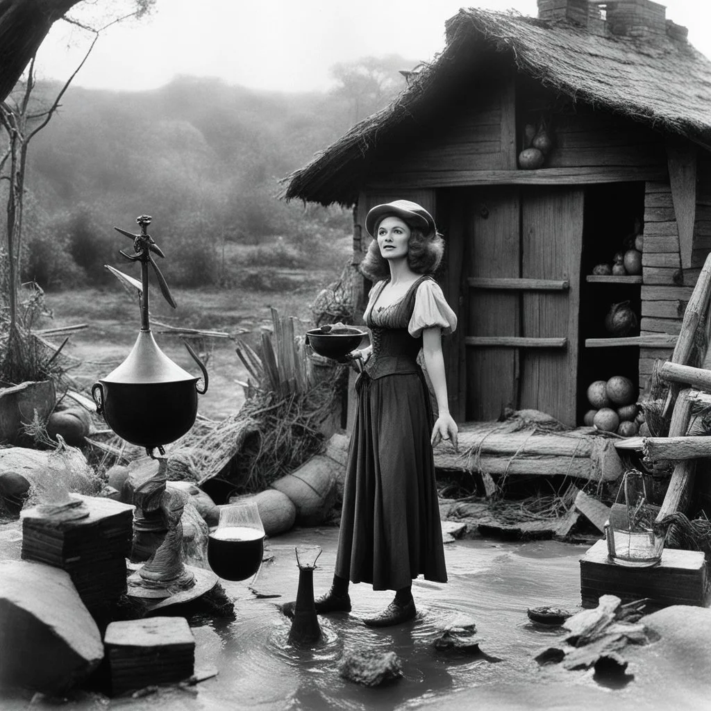 [high res photo by Ray Harryhausen] She lived in a world of magic Possessed by the devil's skew From her shack near the swampland That's made of mud-pie brick Marie stirred her witch's brew