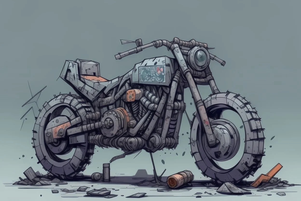 motorcycle, comic book,post-apocalypse, gray background,