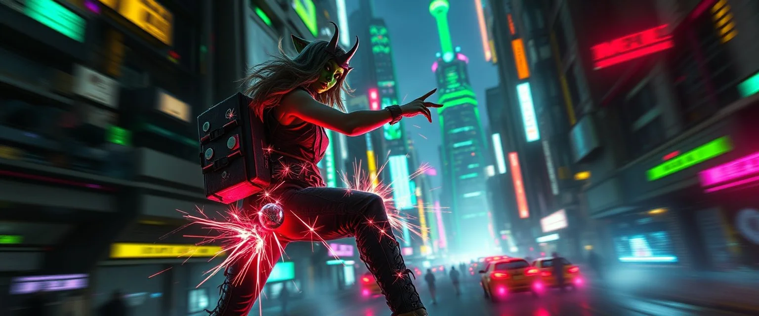 cyberpunk space city, in valley, close up on A space pirate priest rogue cowboy girl with disco ball rocket shooting sparks backpack named Daisy started doing the splits, Blew a fuse in his hips and short-circuited his bits, The Martian fluffy gremlins went wild, the Plutonians dogs screamed, Even black-and-white aliens turned ultraviolet green! in the style of fallout 4 and HR Giger, background motion blur , and volume fog spot lights