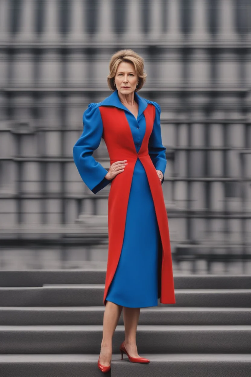 Powerful classical portrait of a 2000s politician in her early 40s wearing a blue dress standing in a powerful position a little zoomed out