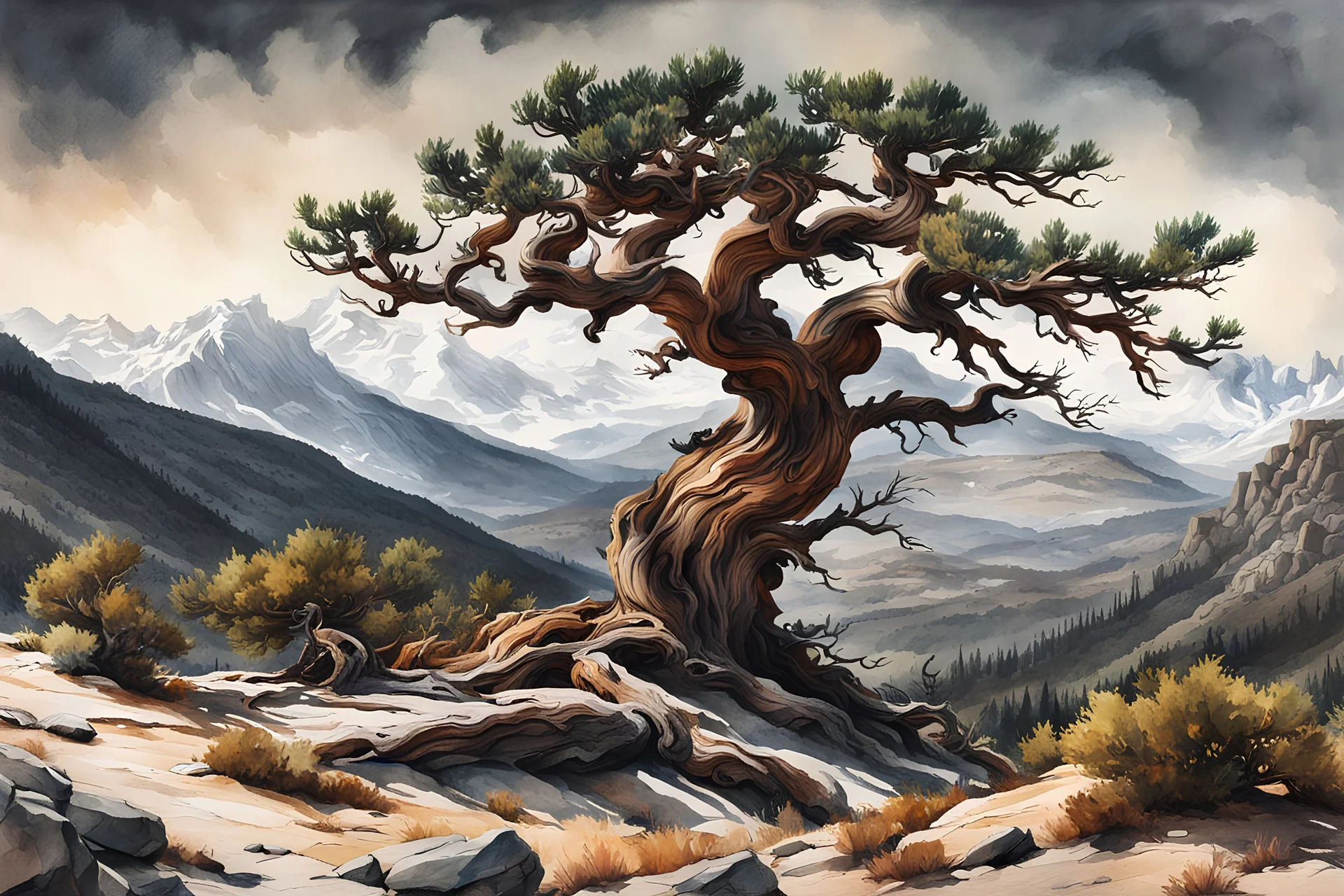 museum quality watercolor painting of an ancient, gnarled and twisted, Bristlecone Pine on a remote plateau in the Rocky Mountains in the style of Karl Bodmer, and Winslow Homer, rendered as an aquatint, with a fine art aesthetic, highly detailed , 8k UHD cinegraphic realism