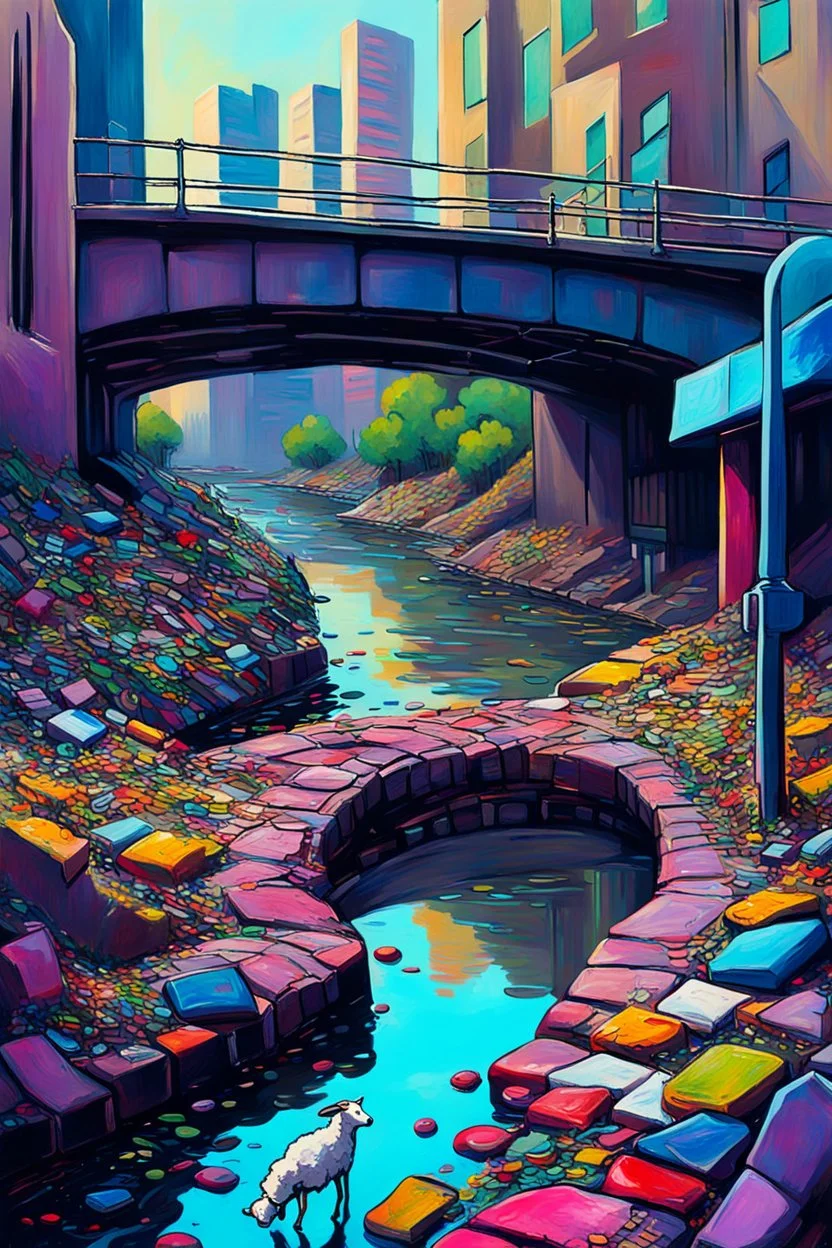 painting of a cyberpunk colourful natural walkway rubbish on the street in the city with pollution and a small bridge by a creek with electric sheep and androids by monet