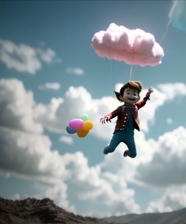 Ultra realistic clouds sky scene, medium shot view, portrait, sweet monster Childs free jumping flying, trinkets, jelly beans, helmet, smile, happy, Wes Anderson style, Peter Pan, inflatable color clothing, extreme, wind, clouds sea, 20,000 feet altitude, stratosphere, soft color, highly detailed, unreal engine 5, ray tracing, RTX, lumen lighting, ultra detail, volumetric lighting, 3d, finely drawn, high definition, high resolution.