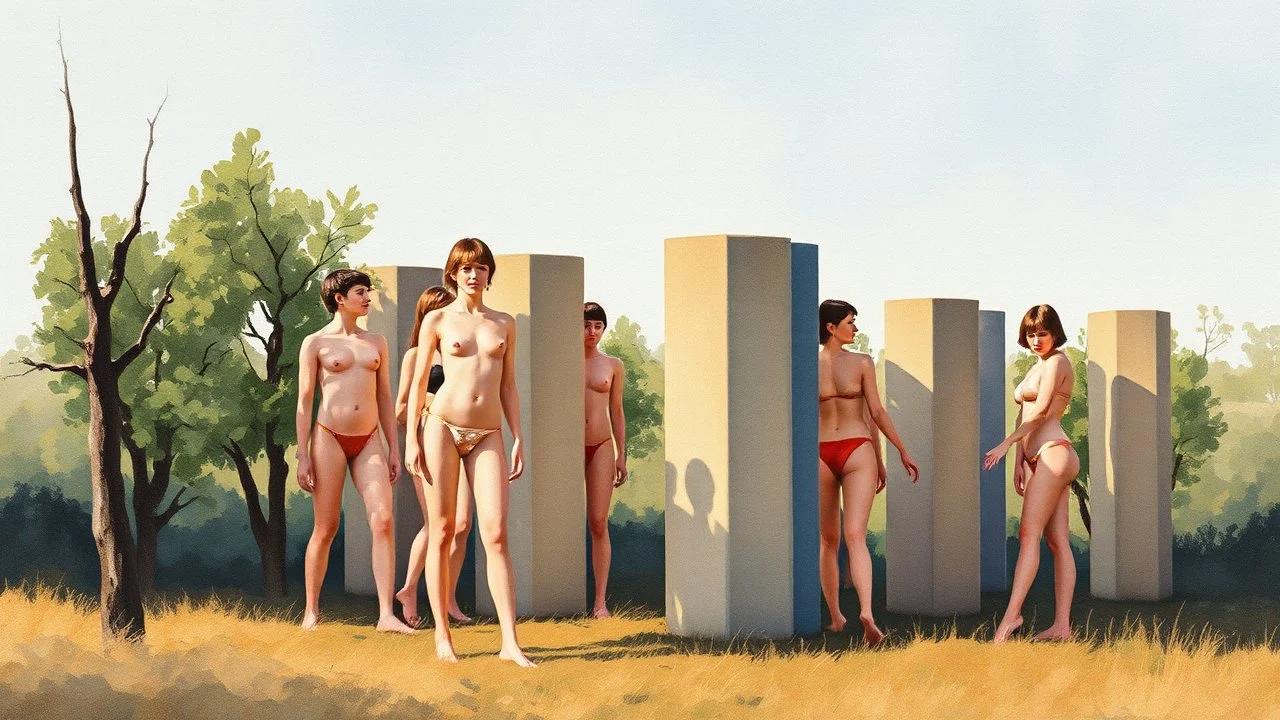 Tema: Desnudo integrado en la naturaleza a través de planos geométricos → Disciplina: Acuarela y fotografía de paisaje → Estética: Postimpresionismo constructivo y primitivo → Lenguaje visual: Planos de color y pinceladas en paralelo que construyen volumen sin línea → Composición: Grupo de figuras desnudas en una arboleda, fusionadas con el paisaje mediante formas cilíndricas, con una figura principal en primer plano → Iluminación: Luz de mediodía, clara y uniforme, que aplana las formas ligeram