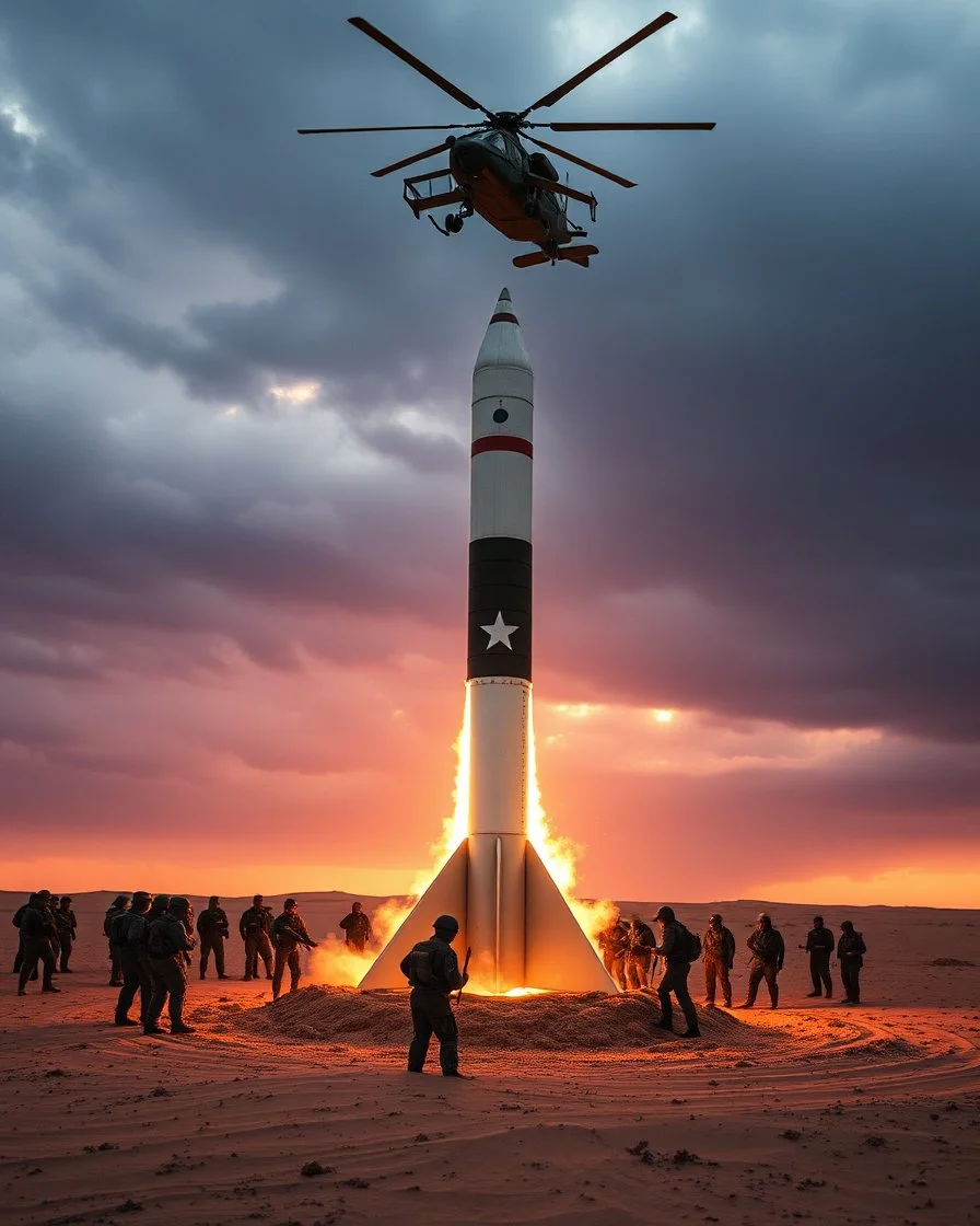 A nuclear rocket upside down buried half of it in the desert sands , the army is surrounding the area a military helicopters is hovering above the scene, cloudy gloomy back ground in sunset time
