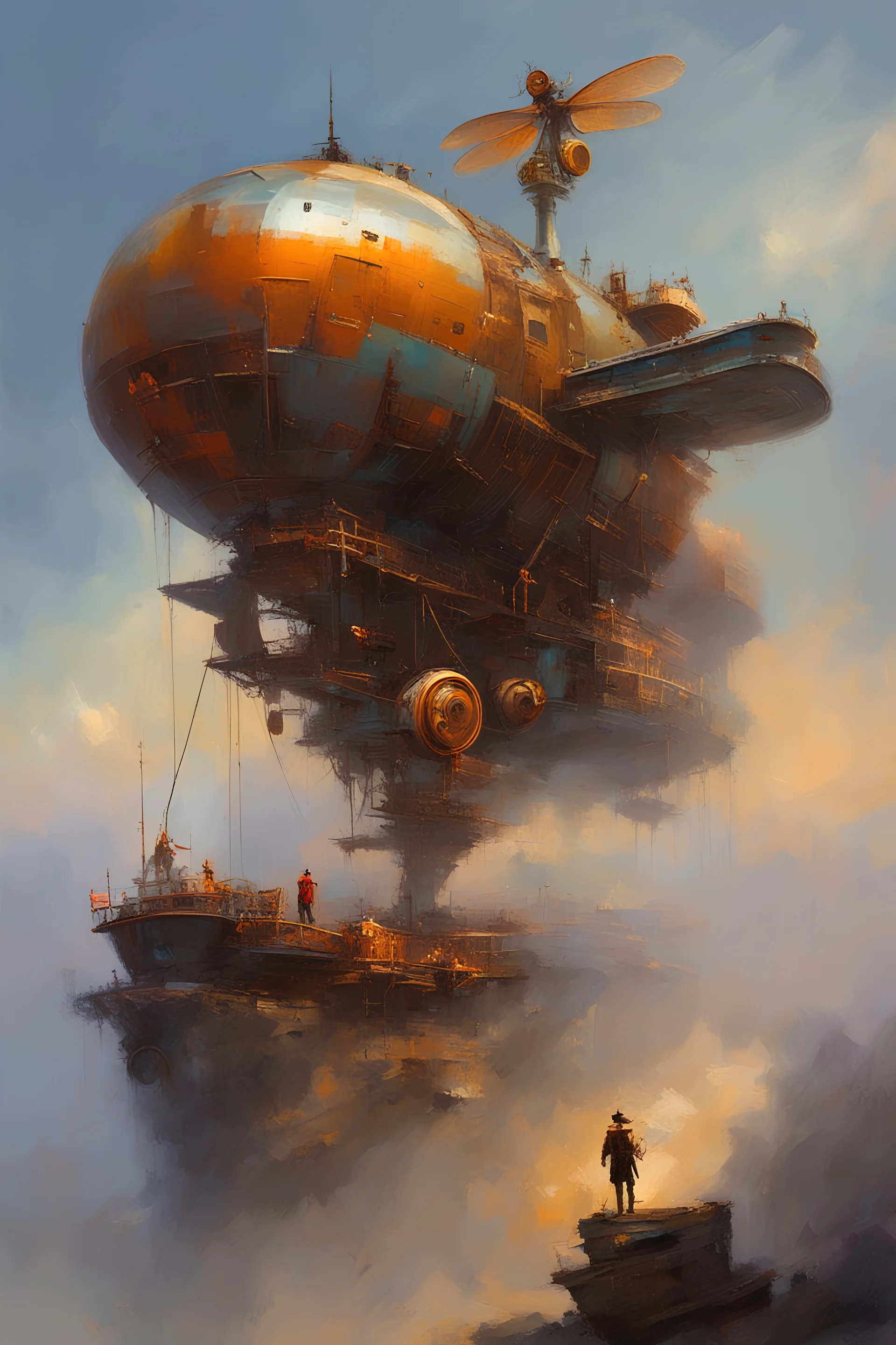 oil painting, in Peter Wileman style, ((best quality)), ((masterpiece)), ((realistic, digital art)), (hyper detailed), 1 3D steampunk dragofly, painted by Peter Wileman
