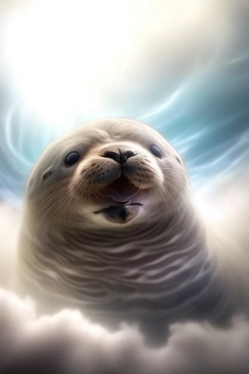 fluffy clouds, portrait of seal soaring like an angel through the clouds with a blessed smile, gates of heaven, 4 k, down light, depth of field, trending art, spray paint, high detail