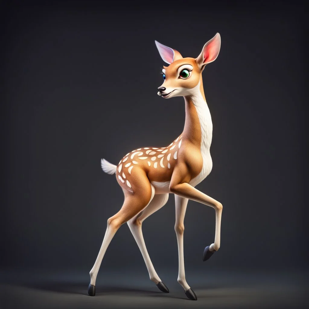 full body of a bald white tail deer, sultry, seductive, standing with a front leg lifted. with big smile, looking back, and big eyes looking back , tail upward, on flat background, in the style of 'My Little Pony' and Bambi, fantastic lighting