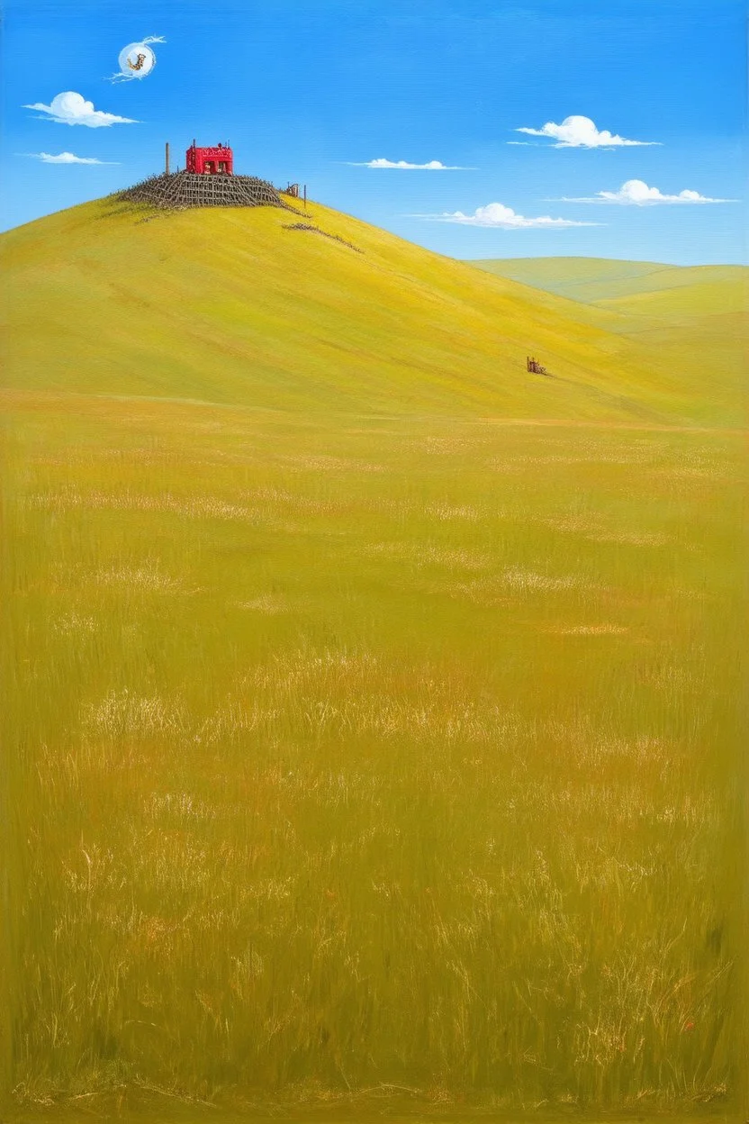 striking out across the valley to find a new hill that’s just being built; a surrealistic interpretation of Philip Guston