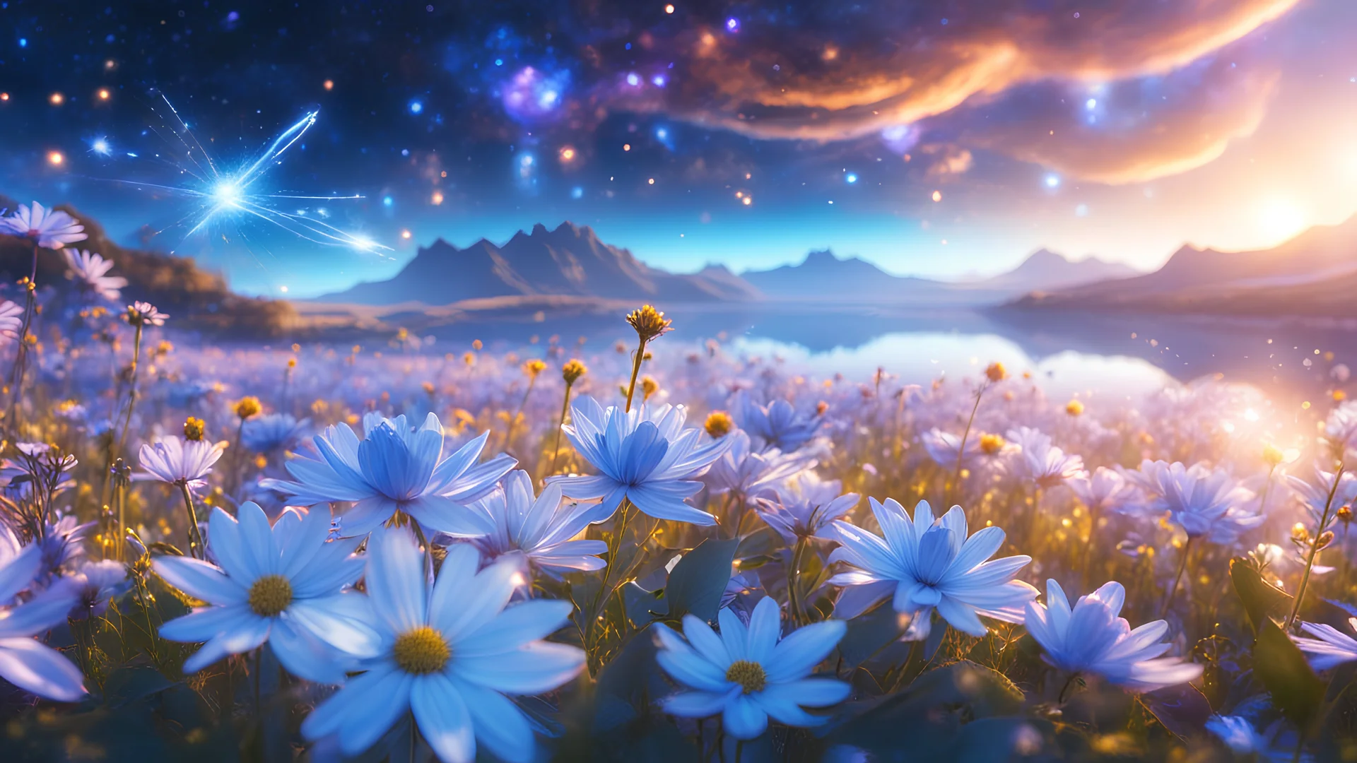 beautiful cosmic ambience galactic orbital stations pure harmony, soft blue, soft blue, smile, galactic, magic, sunrise,transcendent, divine, warm look, fantastic magical white and blue flowers background, ultra sharp focus, ultra high definition, 8k, unreal engine5background, colored lake, ultra sharp focus, ultra high
