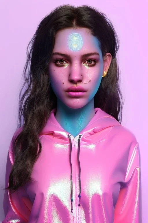 Ultra Realistic image, Rosalía artist, portrait, normal complexion, waist up portrait, long black eye line, sweet face, t-shirt with holes, inflatable hoodie, gold pink and blue style, spray glow make up, geometric led jewelry, fog, hot, inflatable style latex coat, vibrant color, highly detailed, art stations, concept art, smooth, unreal engine 5, god rays, ray tracing, RTX, lumen lighting, ultra detail, volumetric lighting, 3d, finely drawn, high definition, high resolution.