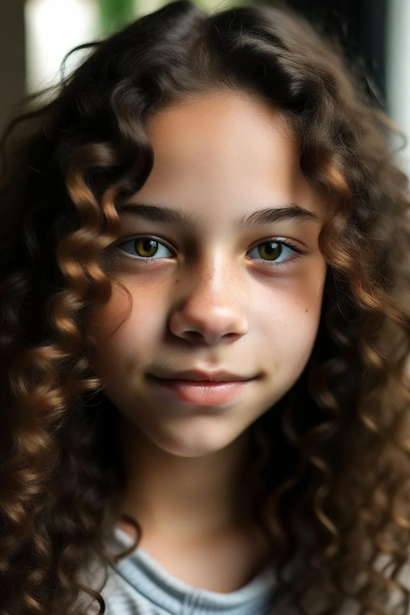 14 year old girl with heterochromie, dark brown eyes, long dark brown frizzy curls, freckles all over the face, gap between incisor teeth