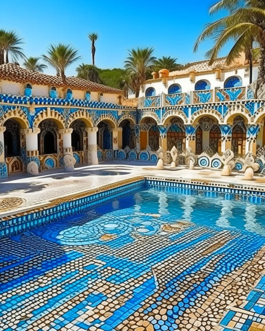 A blue water park resort paradise on a beach designed in ancient Roman mosaics painted by Henri Matisse