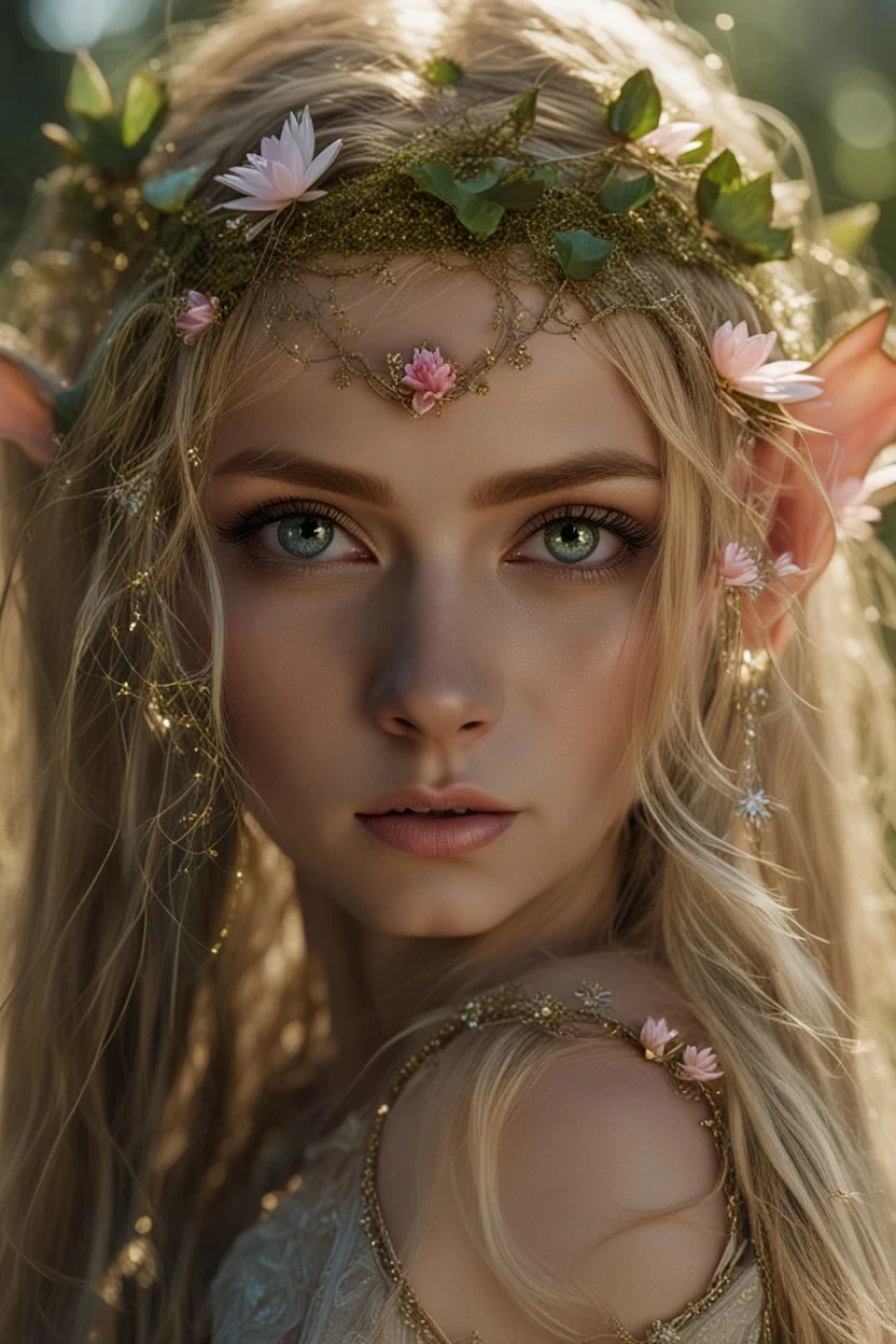 Pointed elven ears,Blonde hair ,Pink dress,Sparkling fairy wings,Very long golden hair,Fairy crown,pointed ears,elven ears,fairy wings,water lilies,sparkling,glittering,flowers,blossoms,golden crown,light pink dress