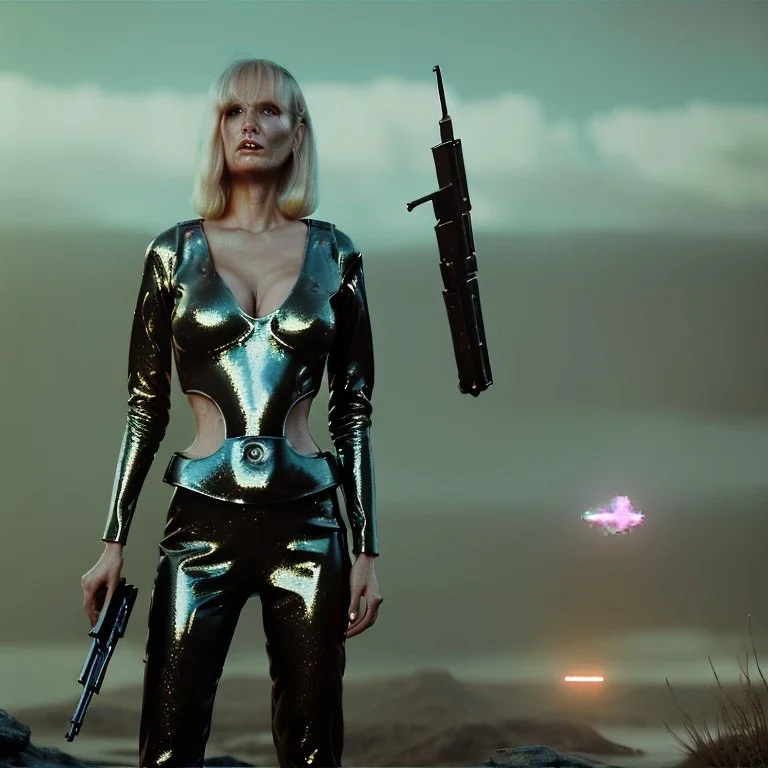 Ultra Realistic retro sci-fi movie war scene, waist up view portrait, blonde woman pointing a gun, sweet young Daryl Hannah face, perfect iris, glow eyes, makeup, weapon. War background, Retro sci-fi style, tight latex coat, fog, rain, soft color, highly detailed, unreal engine 5, ray tracing, RTX, lumen lighting, ultra detail, volumetric lighting, 3d, finely drawn, high definition, high resolution.