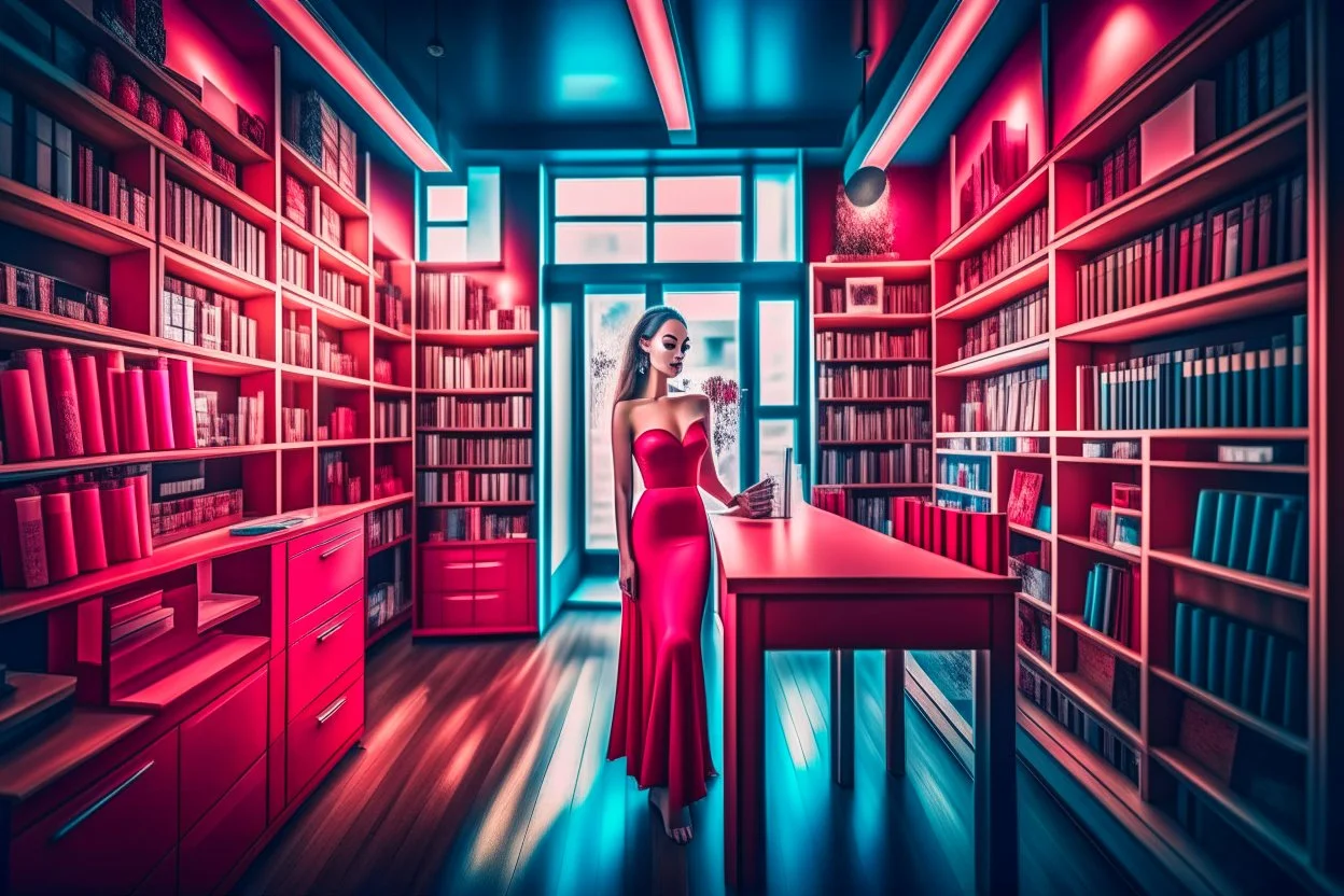 surreal image full-height shot of a young woman in tight red clothing, inside a large modern magic shop, sitting at a desk, wooden shelving, bottles, windows