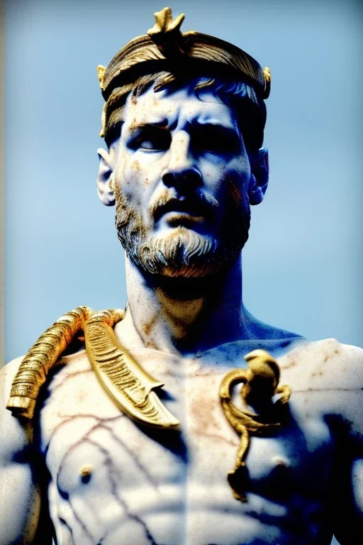 Realistic image, Roman sculpture made in white marble with gold veins, Lionel messi with gold laurel leaves crown, two blue brushes, decorative star on the chest, waist up portrait, marble material, gold ornaments, Baroque style, sun rays background, epic, celestial, cinematic lighting, God lights, 4k resolution, smooth details, soft lighting, unreal engine 5, art station, substance 3d.