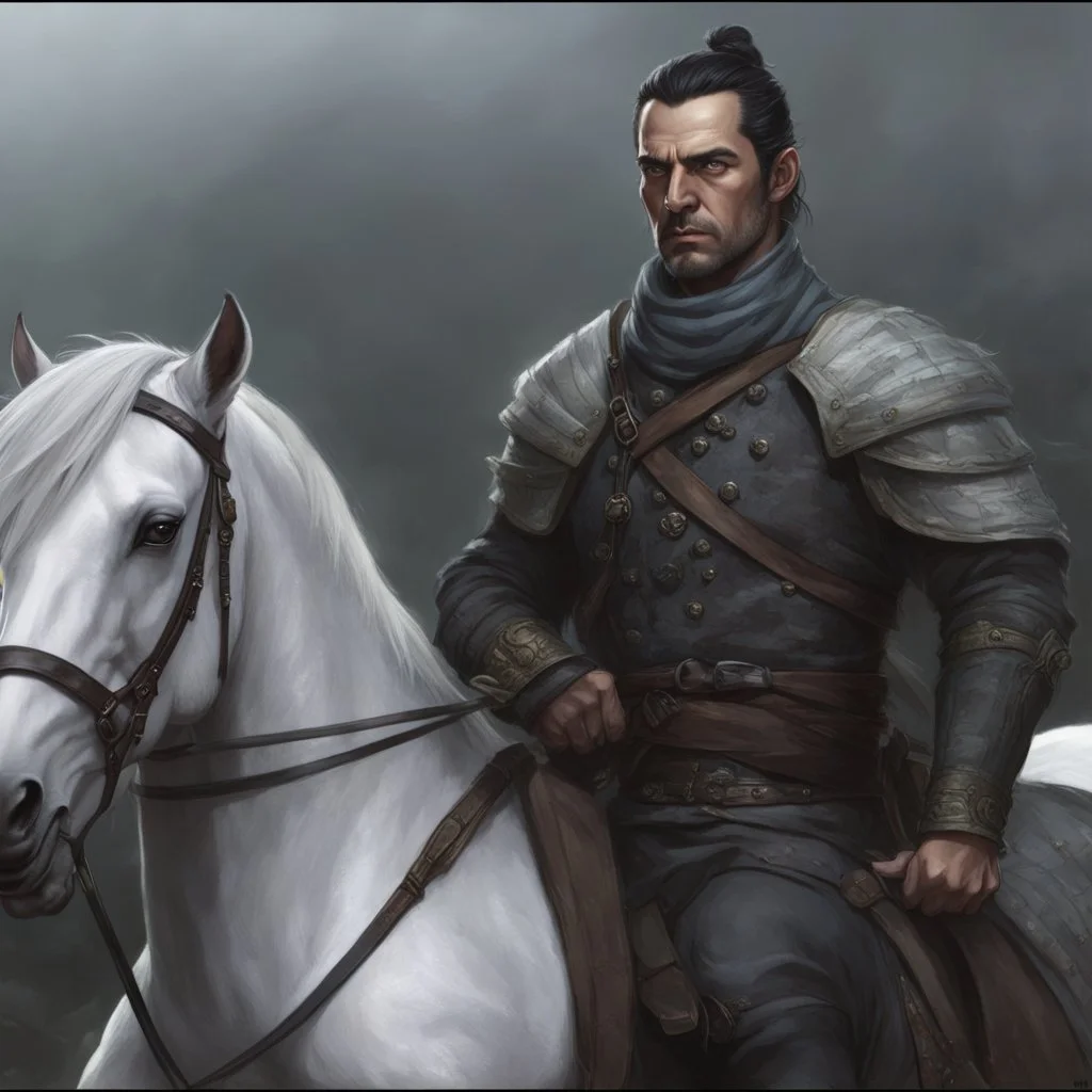 A 40 year old mercenary in a battle jacket and travelers cloth. He is riding a dark gray horse. He is tall, slim, has a sharply cut face. black hair, short ponytail on the top of his head. Perfect eyes. Perfect hands. Perfect feets. Glows. fantasy setting. A river ford in a wood. concept art, mid shot, intricately detailed, color depth, dramatic, 2/3 face angle, side light, colorful background. Style of Jeff Easley