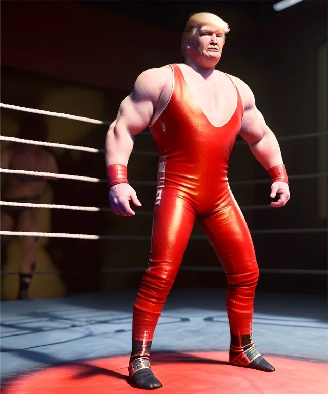 Wrestler Donald trump, wrestling, red breeches, suspenders, retro style, 80s, hot ambient, photo studio, vibrant color, gradient, highly detailed, art stations, concept art, smooth, unreal engine 5, god rays, ray tracing, RTX, lumen lighting, ultra detail, volumetric lighting, 3d, finely drawn, high definition, high resolution.