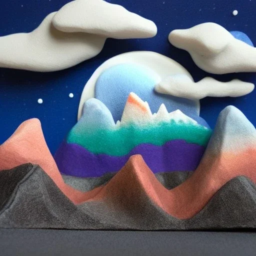 Claymation mountain skyline,Rudolph the red noise reindeer, beautiful, pastel blues and purples, white, aurealis borealis, night, claymation moon, clouds, stars