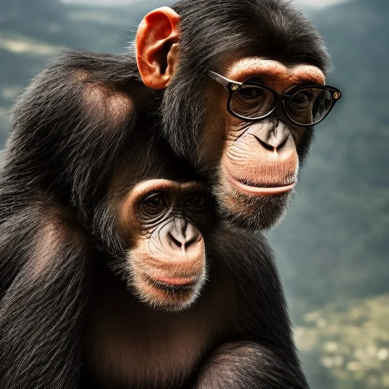 a crazy chimp in eyeglasses stands on a mountain, realistic, midjourney, dramatic light, close up, smoky background, cinematic