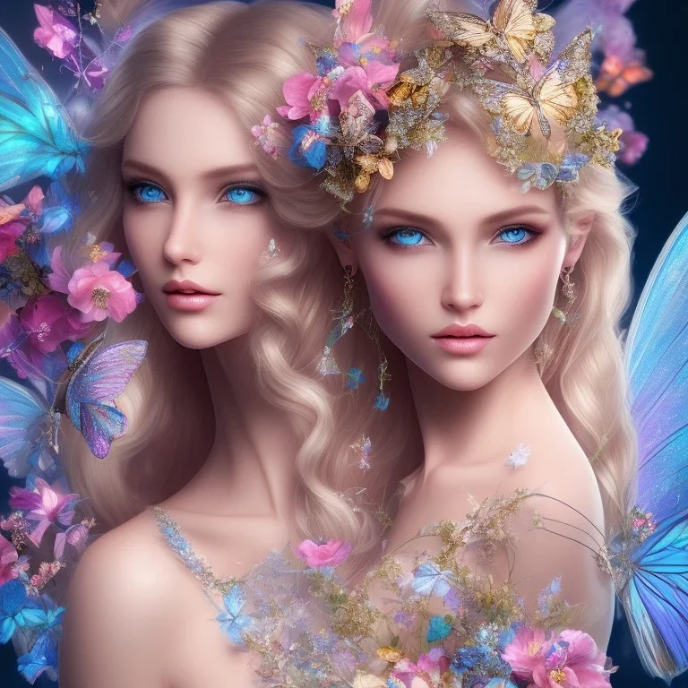 bright fairy, beautiful portrait, blond hair,blue eyes, flowery luminous pastel colors, butterfly