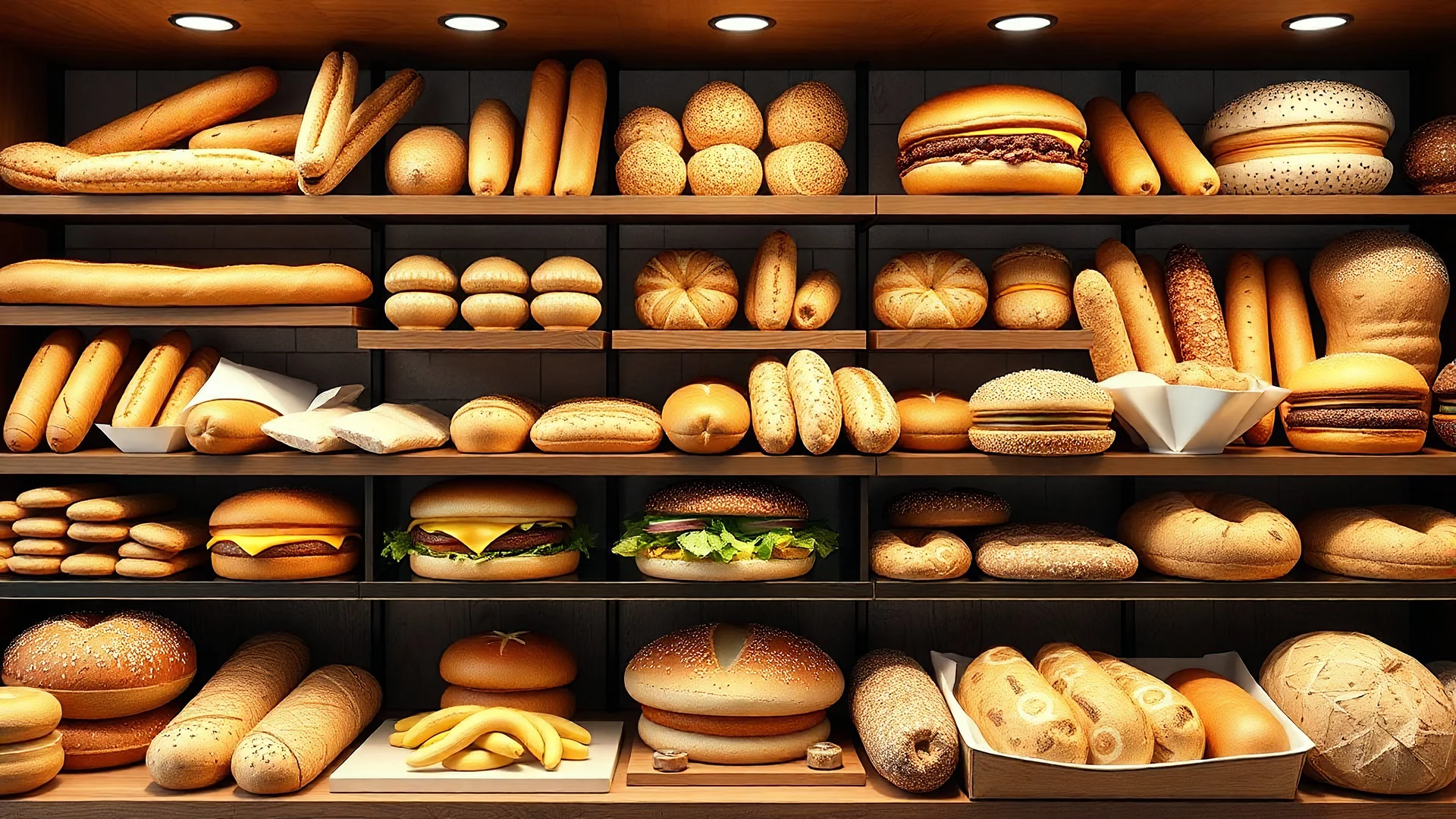 A design for a bakery shop filled with all kinds of fancy breads including baguettes, toasts, sandwiches, hamburgers, cheese balls, dumplings, toasts, toasts, bagels, bananas, bread steak, brioche, brownies, ciabatta, corn, pita, pretzels, pumpernickel, Rye, sourdough, tortilla, white, and whole wheat