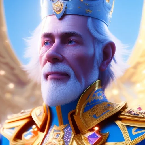 A portrait of a crystalised blue pink king, gold, sunny background, atmospheric, realistic, unreal engine, 8k. Cinematic lighting, octane render.