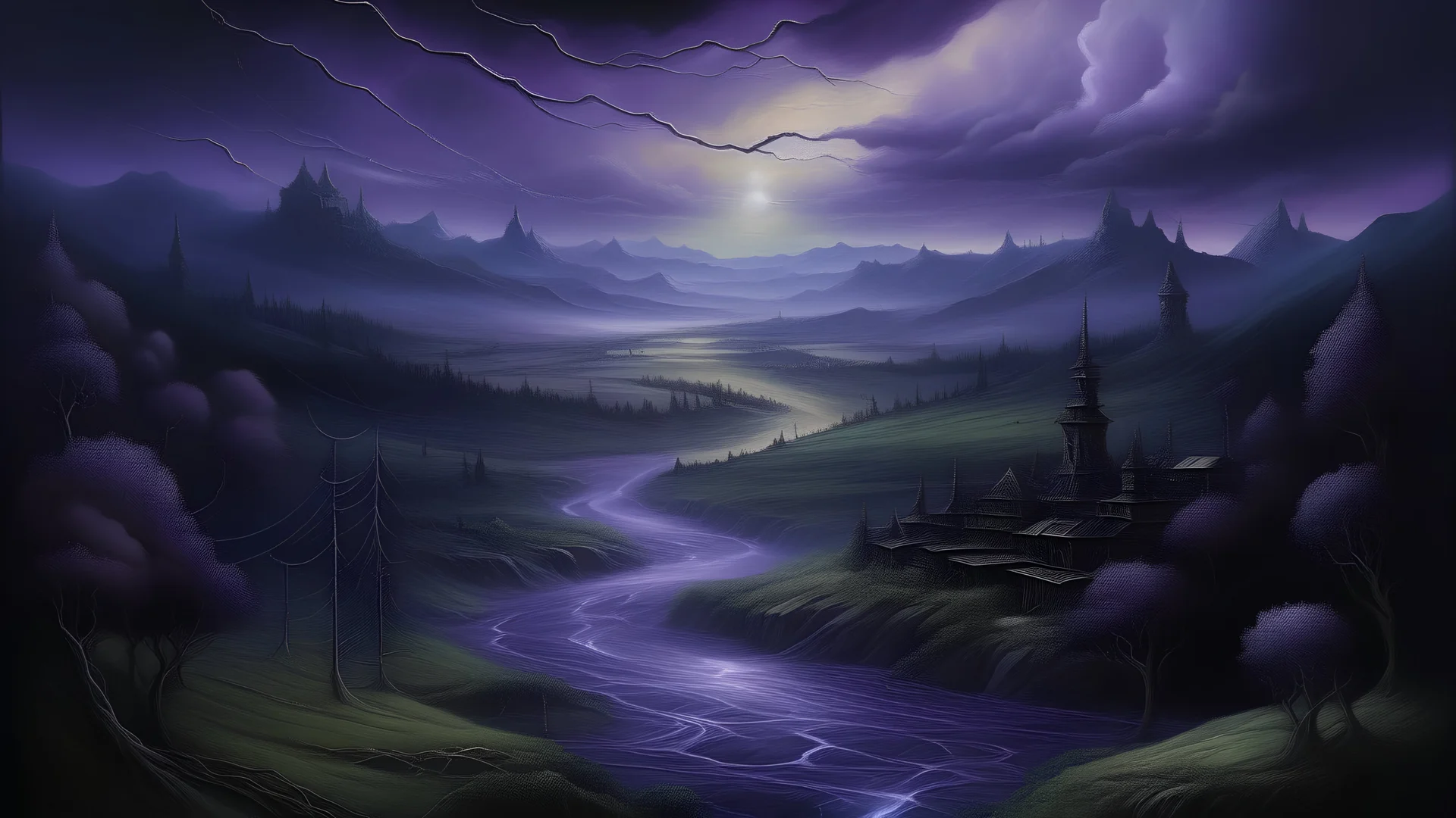 A painting of Da Vinci of a landscape about artificial intelligence with light dark and purple colours full of serenity