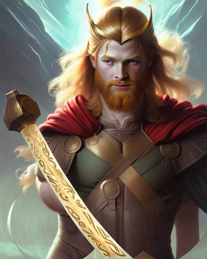 Portrait of young God Thor holding a Strong hammer Powerful Staff by Alex Ross, Disney, CGSociety, Carne Griffiths, Leonardo DaVinci, James Christensen character design, digital illustration, detailed sky background, Norman Rockwell, 32k resolution, Lou Xaz, cinema 4d