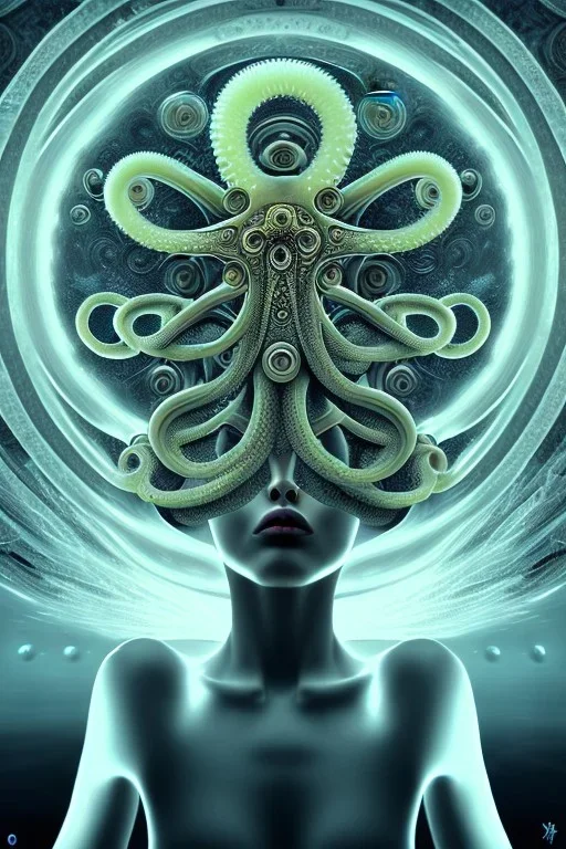 Spiritual being with Tentacles over human Head creating reality around, wrapping Spiral around people, Psychedelic