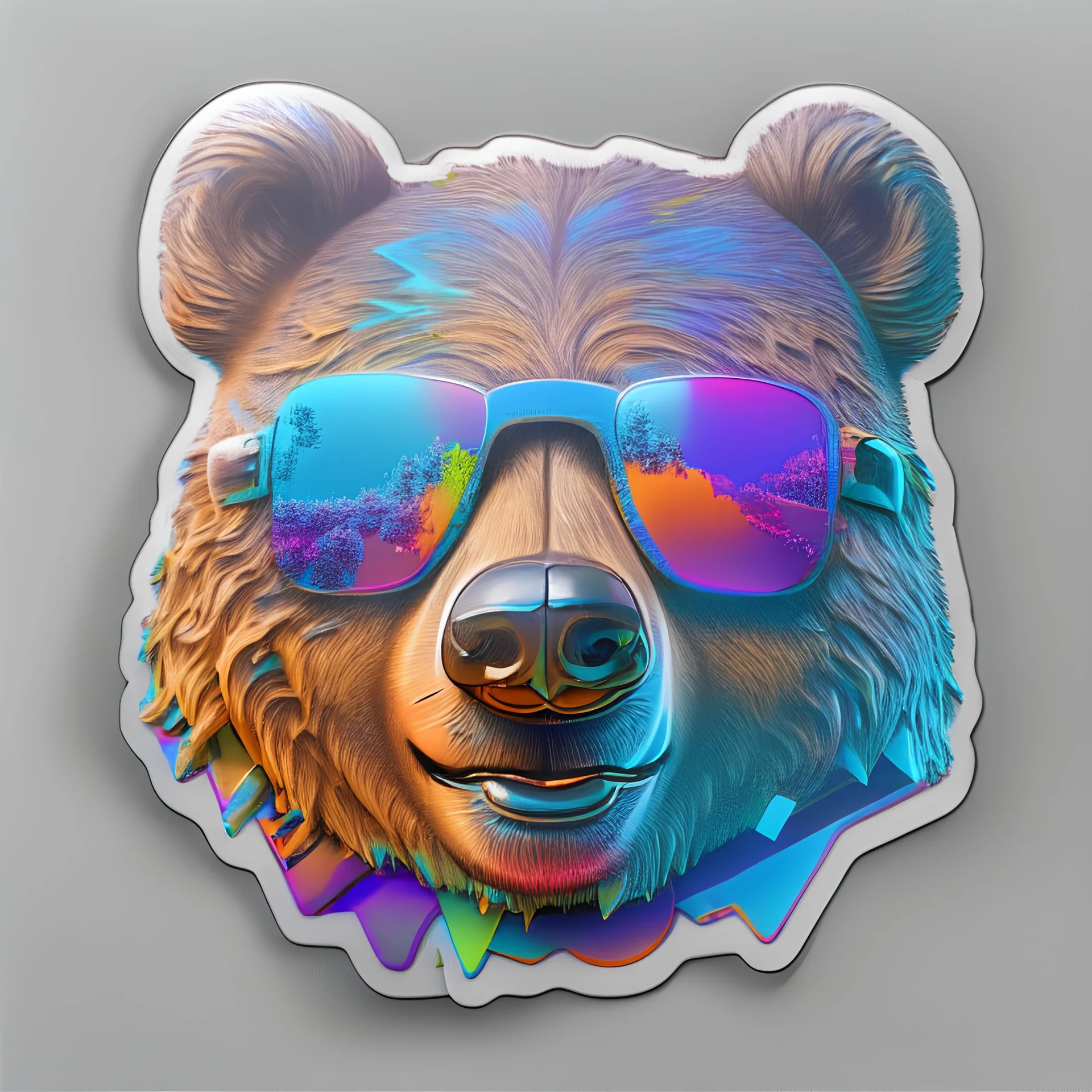 sticker on white background, 3d Head of a Bear with sunglasses, psychedelic, octane render, unreal engine 5, DMT art, funny, smiling