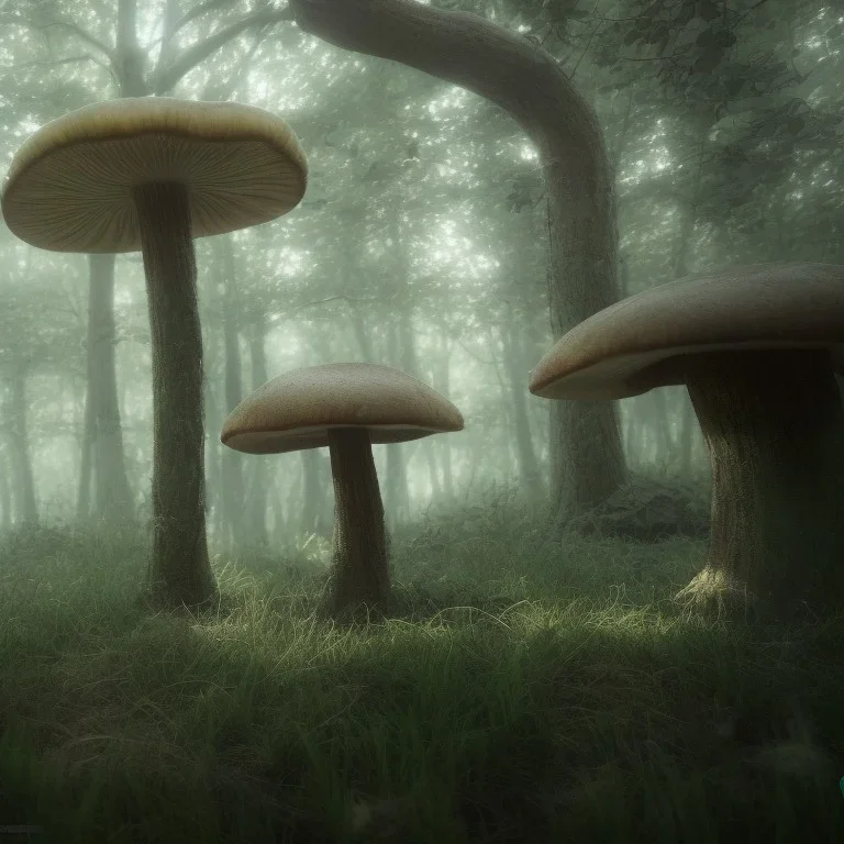 mushroom forest, 4k, 8k, highly detailed, cinematic, ultra photorealistic, volumetric lighting, sharp details, mist, trees