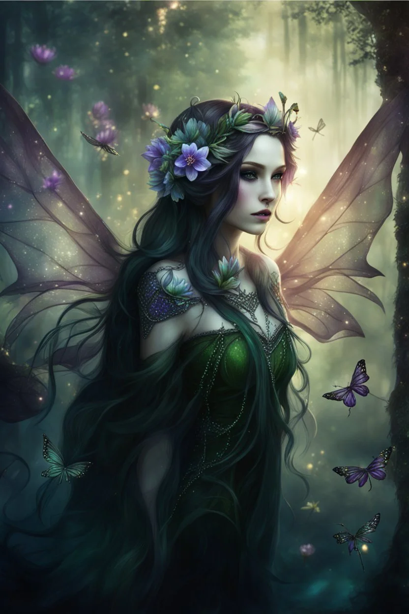 Blomde hair , , dark Fairy wings Purple hair,water lilies,dark fairy princess,nymph,elven crown,dragonflies,tiara,,gothic,glitter,rapunzel hair, very long hair,green eyes, sparkle