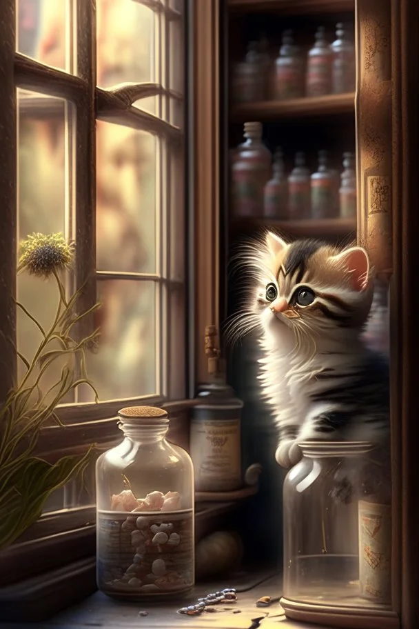 cute kitten in window in an apothecary. HD. High quality