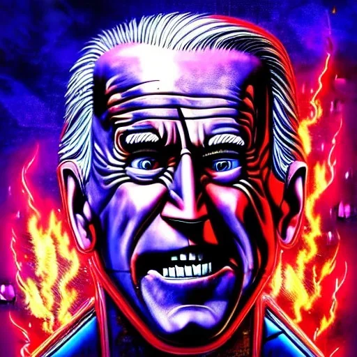 CRAZY Joe Biden caricature,, cyberpunk, landscape, transformers, hi-tech robots, GUITARS, cinematic, highly detailed, close up, 4k, deep colors, gold, fire, red, purple, dark, ethereal, utopia, apocalypse, flying Cadillac, from outer space