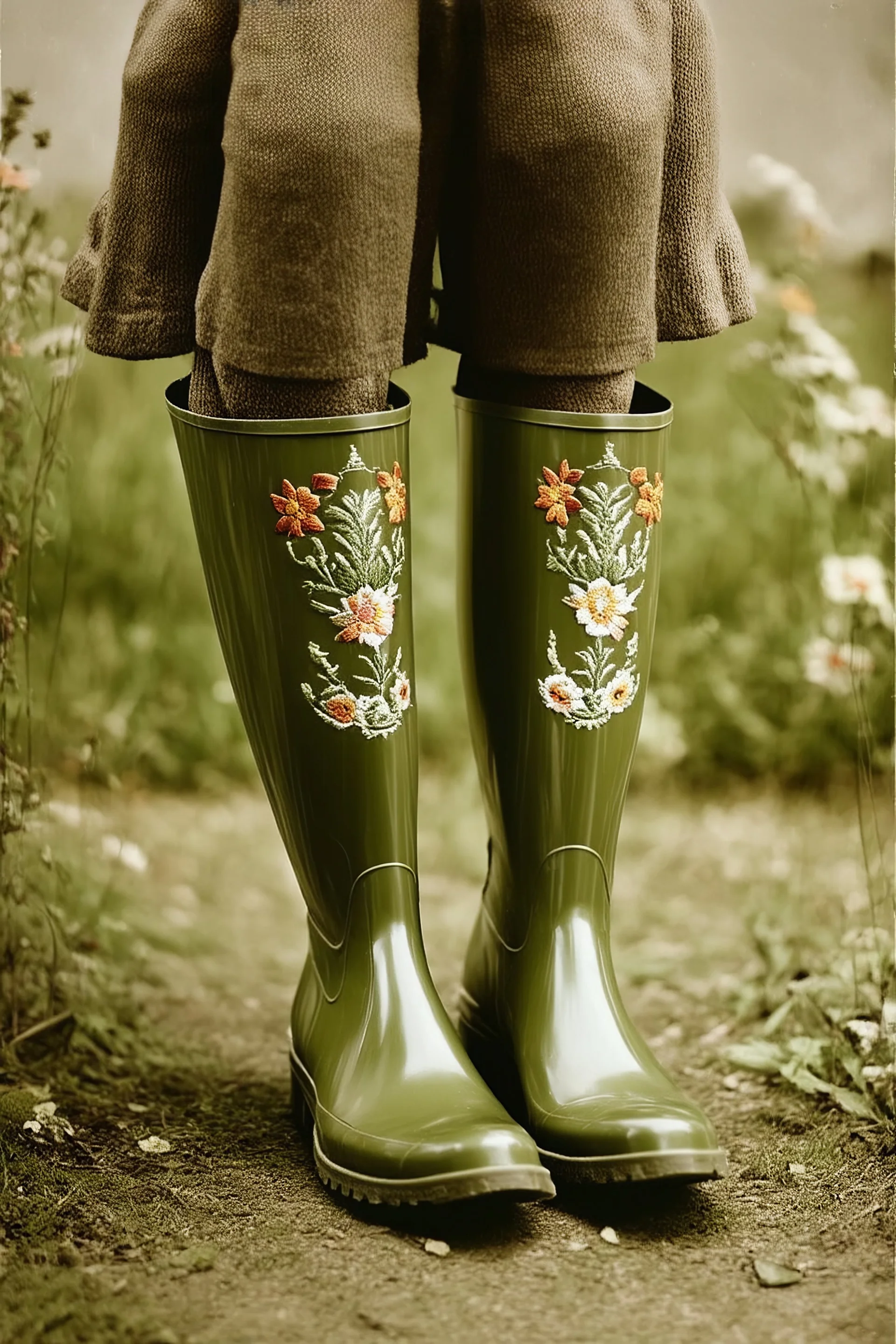 Embroidered Plastic rain boots in 1890,, old dirty autochrome