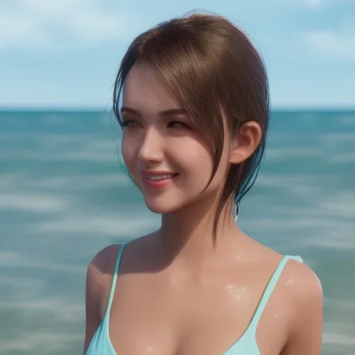 girl look beautiful wear swimsuit in beach full body, close-up, short hair, smile, 8k ,rtx ,eyebrows like serious,facing left, hyper realistis