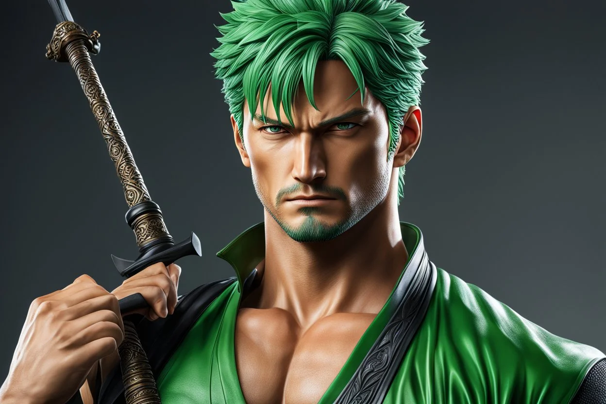 Roronoa Zoro in 8k live action artstyle, dynamic pose, intricate details, highly detailed, high details, detailed portrait, masterpiece,ultra detailed, ultra quality