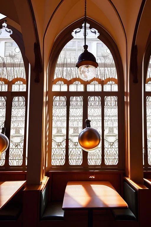 View of the synagogue in Budapest from a large glass window of a café, a brown-haired woman sitting in front of the window with her back to us, coffee in front of her, large shiny bright silver and spherical lamps on the ceiling, in sunshine