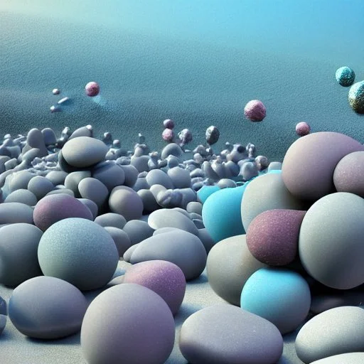 Wonderful pebbles, 30mm photography, 8k, 3d, sharp focus, Yves Tanguy, Max Ernst, Audubon, Amano, cinematic, photorealism, ZBrush, volumetric light, octane render, sparkles, blue eyes, surreal