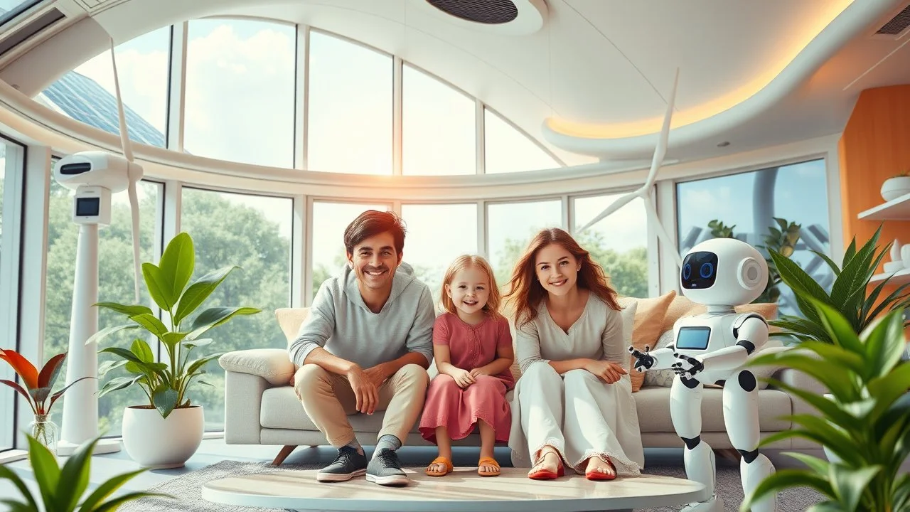 Futuristic family living in a luxurious future home, exciting technology, sustainable technology, solar power, water turbine, wind turbine, happy children, beautiful clothing, happy robots, lots of house plants, colour photograph