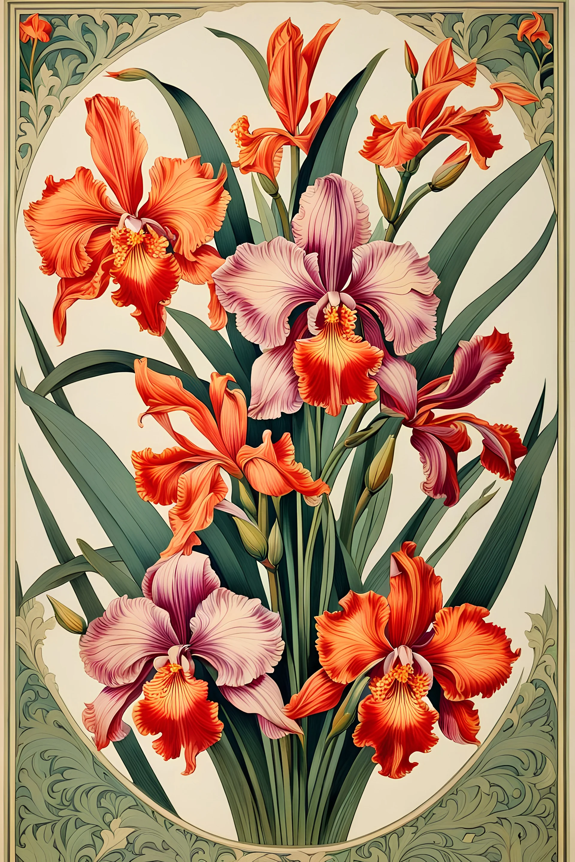 Vintage advertising Poster, Award Winning masterpiece, featuring vibrant floral intricate linework and elegant flourishes, orchids iris gladiolous, Extremely intricate linework, by William Morris, 2d, 50’s era, Retro, Art Noveau Design, highly detailed