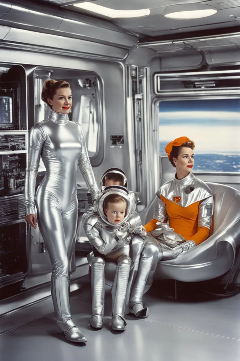 1950s traditional Christian family in space station family room but mom is a futuristic female silver android in a latex silver android suit. Only mom is an android. Mom has a normal human face, with silver sci-fi makeup. Mom is robotically cleaning up, while the rest are sitting watching tv